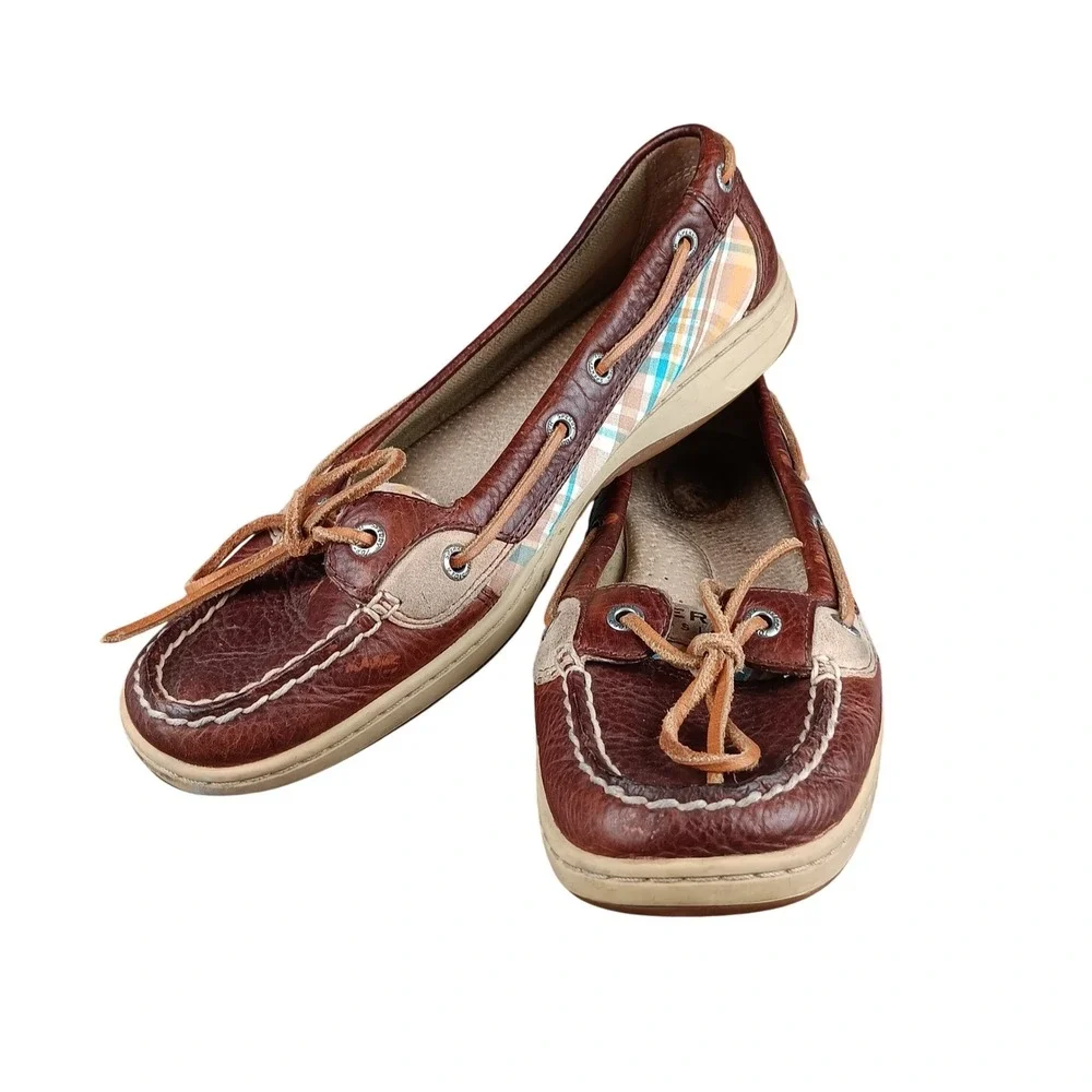 Sperry Top Sider Women Brown Leather‎ Plaid Boat Shoes Loafers Moccasins 8.5M